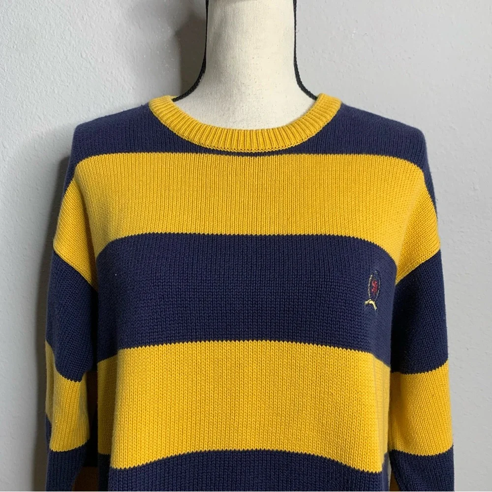 Tommy Hilfiger Vintage Oversized Navy & Yellow Striped Crewneck Pullover Sweater